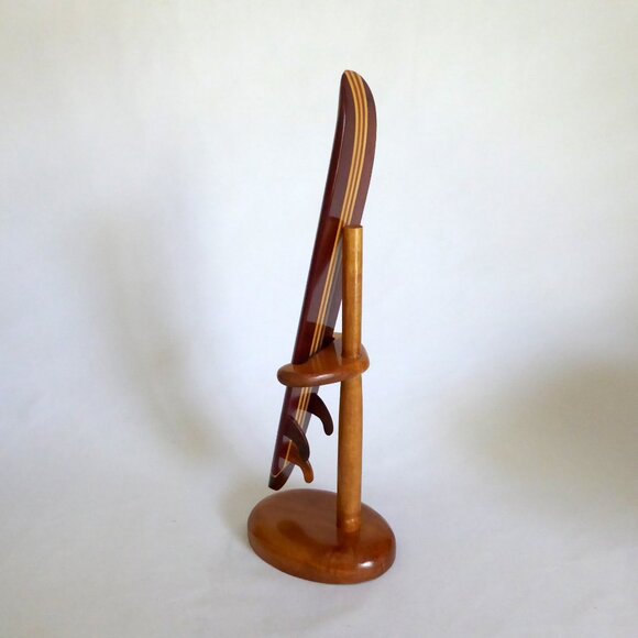 VINTAGE KOA WOOD VERTICAL STRIPE 12” MINIATURE LONGBOARD SURFBOARD DISPLAY STAND - Picture 6 of 14